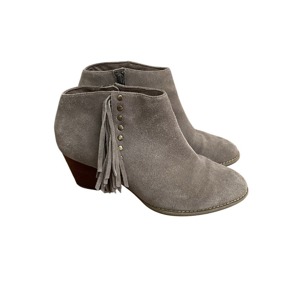 Vionic Womn 9.5 WIDE Greige Suede Boho Western Faros Studded Fringe Ankle Bootie